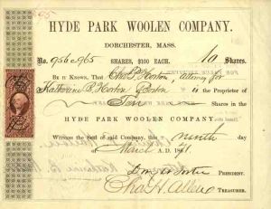 Hyde Park Woolen Co. - Stock Certificate